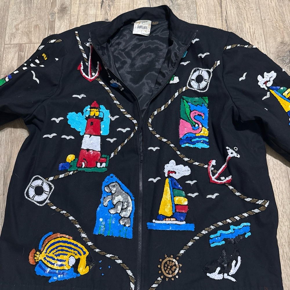 VTG Unique Black Sequin Colorful Nautical Themed Jacket cruise ready